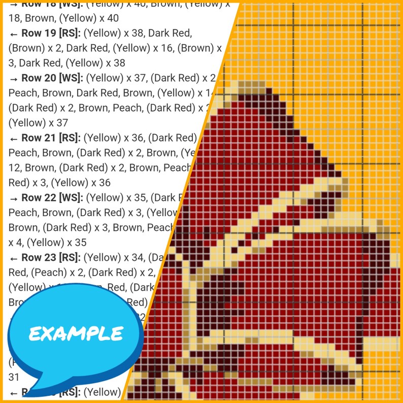 May include: A close-up of a red, yellow, and brown cross-stitch pattern. The pattern is a geometric design with a triangular shape. The text "EXAMPLE" is visible in the image.