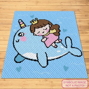 May include: A pixelated image of a blue narwhal with a pink-cheeked face, a yellow-tipped horn, and a sleeping princess wearing a crown. The princess is wearing a pink dress and is lying on the narwhal's back. The image is on a light blue background with hearts.