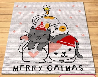 Patrones de crochet navideños - Patrón de crochet de gato con instrucciones escritas - Manta de animales de crochet, Patrón Graphghan de crochet