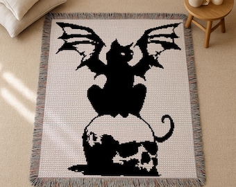Goth Crochet Pattern, Crochet Black Cat, Crochet Skull Pattern, Single Crochet Blanket Pattern, Crochet Mythical, Crochet Graphgan Pattern
