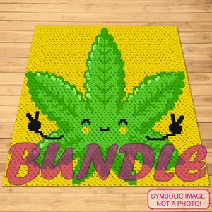 Könnte beinhalten: Ein grünes Marihuana-Blatt mit einem lächelnden Gesicht und Peace-Zeichen auf gelbem Hintergrund. Das Wort "BUNDLE" ist in rosa und roten Buchstaben unten im Bild geschrieben.