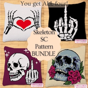 Crochet Skeleton Pattern BUNDLE, Tapestry Crochet Pattern, Crochet Cushion Pattern, SC Crochet Blanket Pattern, Skull Crochet Pillow Pattern