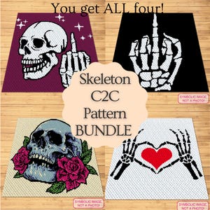 Könnte beinhalten: Ein digitales Download-Musterpaket zum Häkeln von vier verschiedenen Skelett-Designs. Die Designs beinhalten einen Schädel mit einem nach oben zeigenden Finger, eine Skeletthand, die den Mittelfinger zeigt, einen Schädel mit Rosen und eine Skeletthand, die ein Herz formt.