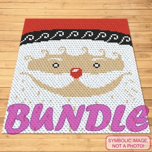 May include: A crochet pattern featuring a Santa Claus face with a red hat, white beard, and black eyes. The pattern is labeled "BUNDLE".