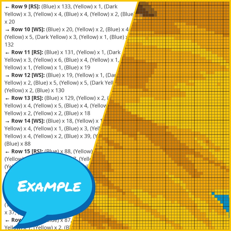May include: A grid pattern with a gradient of yellow and orange colors. The grid is divided into squares, with each square containing a different shade of yellow or orange. The grid is labeled with numbers and letters, indicating the rows and columns. The text "EXAMPLE" is written in a blue speech bubble.