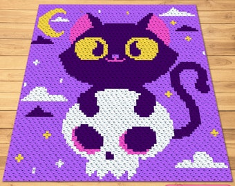 C2C Virkade Halloween-kattmönster, C2C Grafiskt mönster, Halloween-virkad filt, Virkat kattfiltmönster med skriftliga instruktioner