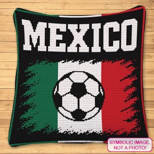 May include: A square crochet throw blanket featuring the word MEXICO in large white block letters at the top. Below the text is a graphic of the Mexican flag with a black and white soccer ball centered over the green, white, and red stripes.