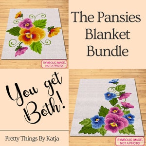 May include: Two crochet patterns for blankets featuring pansy flowers. The first pattern shows a bouquet of yellow, pink, and purple pansies. The second pattern shows a corner design with blue, pink, and purple pansies. The text "You get both!" is displayed on a pink background.