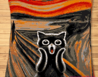 Crochet Cat Pattern, Crochet Scream Painting, Tapestry Crochet Pattern, Crochet Cushion Cover, Crochet Black Cat Pillow Pattern, Graphghan