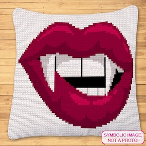 Crochet Vampire Pattern, Tapestry Crochet Blanket Pattern, Halloween Crochet Pillow, Crochet Halloween Decor, Crochet Dracula, Crochet Lips image 1