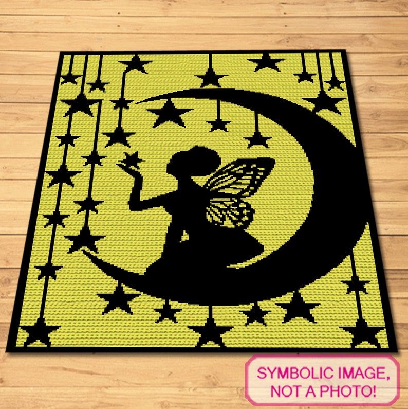 May include: A rectangular crochet blanket featuring a yellow background with a black silhouette of a fairy sitting on a crescent moon. The design includes numerous black stars hanging from vertical lines. A pink label reads: SYMBOLIC IMAGE, NOT A PHOTO!