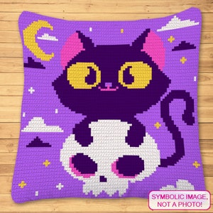 Patrones de gatos de crochet de Halloween, patrón Graphgan de crochet de tapiz, manta de crochet de Halloween, patrón de almohada decorativa de crochet