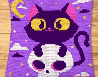 Halloween Crochet Cat Patterns, Tapestry Crochet Graphgan Pattern, Halloween Crochet Blanket, Crochet Decorative Pillow Pattern