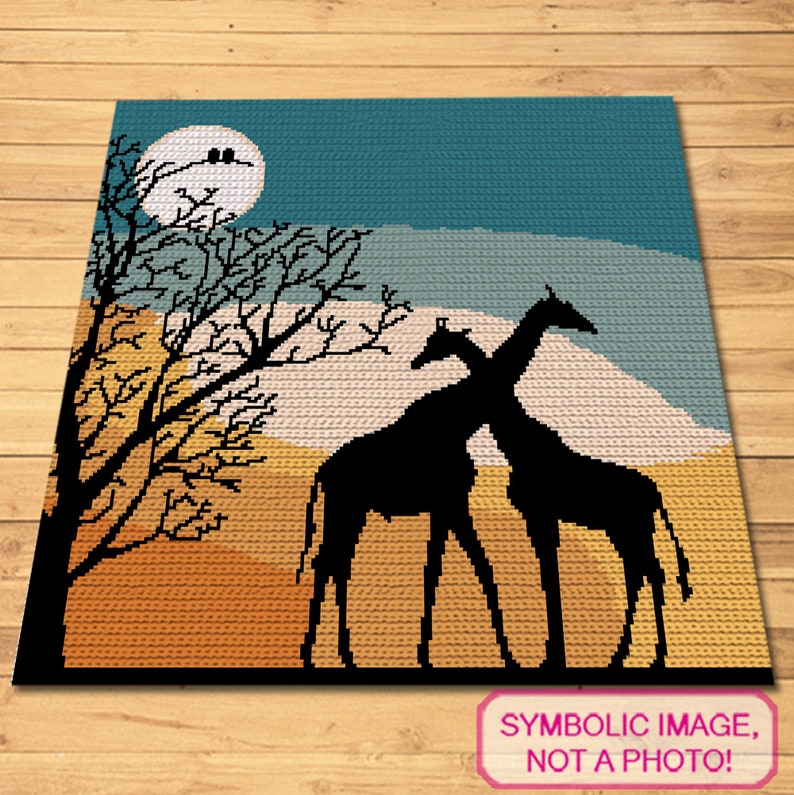 May include: A crochet pattern featuring a silhouette of two giraffes standing in front of a tree and a full moon. The background is a sunset with orange, yellow, and blue colours.