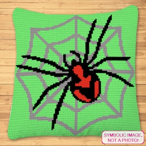 May include: A green crocheted pillow with a black spider on a gray web. The spider has a red body and black legs. The text "SYMBOLIC IMAGE, NOT A PHOTO!" is at the bottom of the pillow.