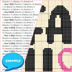 May include: A pixel art design of the letter 'A' in black and pink. The design is on a grid with the text 'EXAMPLE' in a speech bubble.