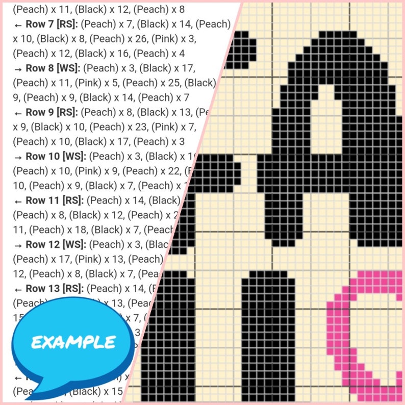 May include: A pixel art design of the letter 'A' in black and pink. The design is on a grid with the text 'EXAMPLE' in a speech bubble.