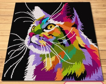 Crochet Cat Blanket Pattern, Colorful Crochet Afghan Pattern, Intarsia Crochet Design, Single Crochet Graphgan