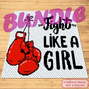May include: A white and black pixelated graphic with the text "Fight Like A Girl" and two red pixelated boxing gloves hanging from the top.