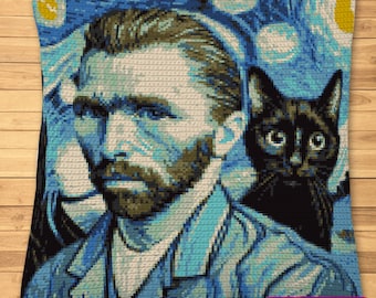 Crochet Cat Pattern, Crochet Van Gogh Pattern, Tapestry Crochet Pattern, Crochet Cushion Cover, Crochet Black Cat Pillow Pattern, Graphghan