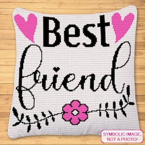 May include: White crochet pillow with the text "Best Friend" in black cursive lettering. Two pink hearts are on either side of the word "Best". A pink flower with a black stem and leaves is below the text.