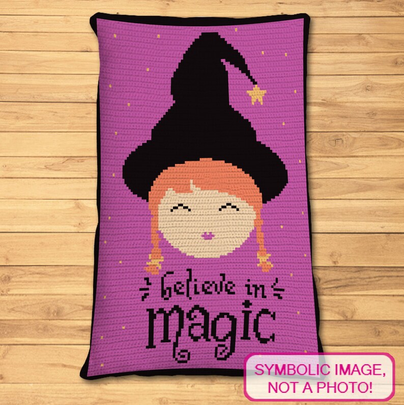 May include: Purple crochet pillow with a cartoon witch wearing a black hat and a yellow star. The text "Believe in magic" is written in black below the witch.