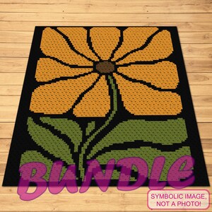 May include: A black, square crochet design with a large, stylised flower. The flower has orange petals, a brown centre, and green leaves. The word "BUNDLE" is overlaid in pink, and the text "SYMBOLIC IMAGE, NOT A PHOTO!" is in the bottom right corner.