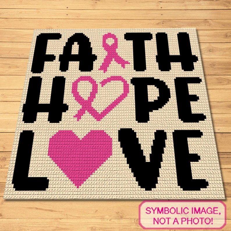 Peut inclure: Un mod&egrave;le de crochet avec les mots "Foi Esp&eacute;rance Amour" en noir avec des rubans roses et des motifs de c&oelig;ur.