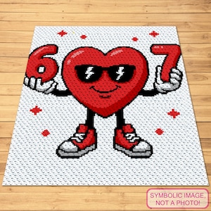 May include: A white rug with a pixelated design featuring a red heart wearing sunglasses and holding the numbers 6 and 7. The heart has black legs and red sneakers. Red plus signs are scattered around the heart. The text "SYMBOLIC IMAGE, NOT A PHOTO!" is in the bottom right corner.