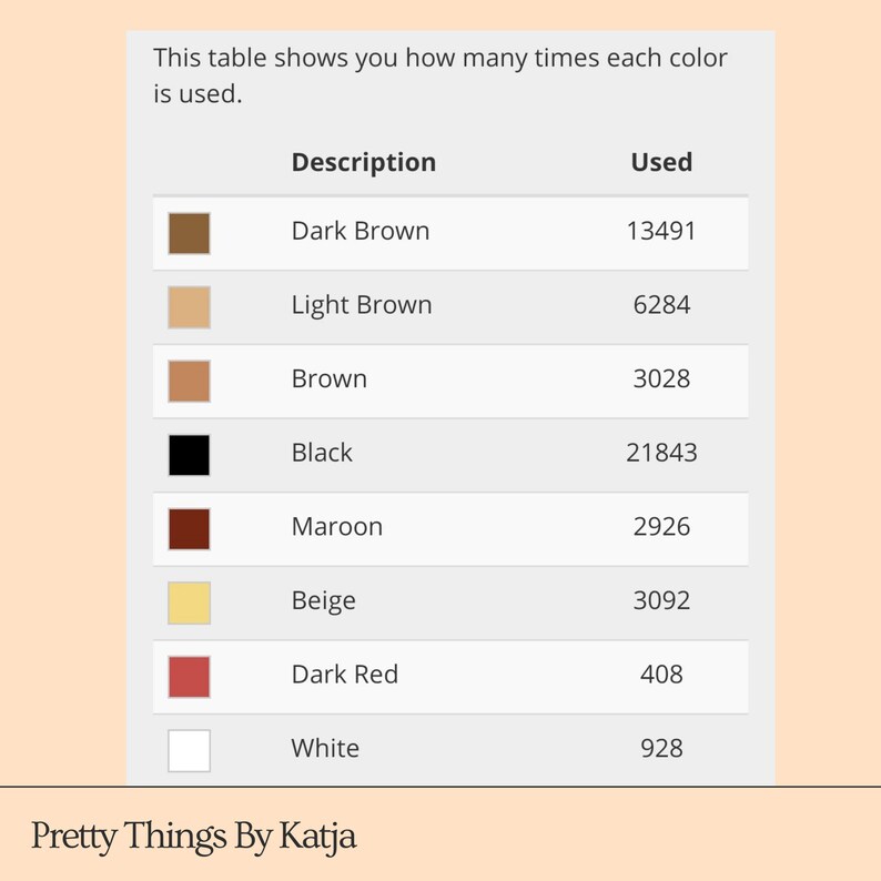 May include: A table showing the number of times each color is used in a project. The colors are dark brown, light brown, brown, black, maroon, beige, dark red, and white. The table shows the number of times each color is used. For example, dark brown is used 13,491 times.
