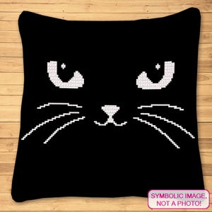May include: Black square pillow featuring a pixelated cat face with white eyes, nose, and whiskers. The pillow has a simple, minimalist design. The text "SYMBOLIC IMAGE, NOT A PHOTO!" is in a pink rectangle in the bottom right corner.