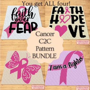 Cancer Crochet Bundle, Crochet Chemo Pattern, Corner to Corner Crochet Blanket Pattern, Pink Ribbon Crochet, C2C Afghan Patterns