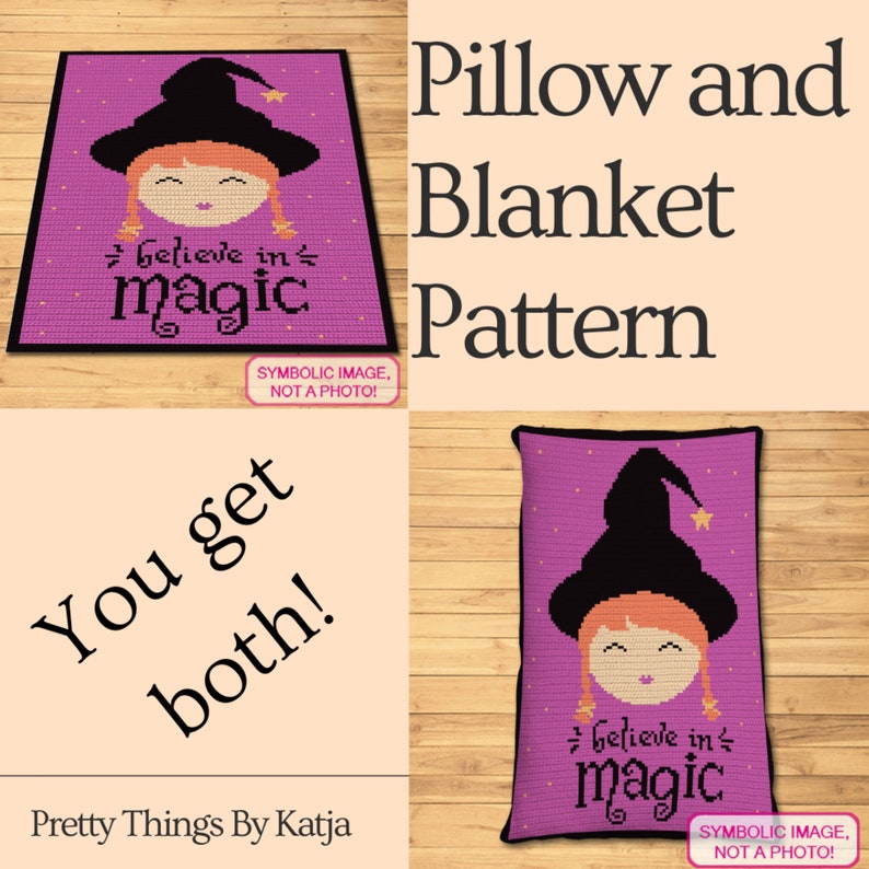 May include: A crochet pattern for a purple pillow and blanket featuring a witch with the text "Believe in magic".