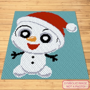 May include: A crochet pattern of a snowman wearing a red Santa hat with a white pom-pom. The snowman has black eyes, a carrot nose, and a red smiling mouth. The background is a light blue colour.
