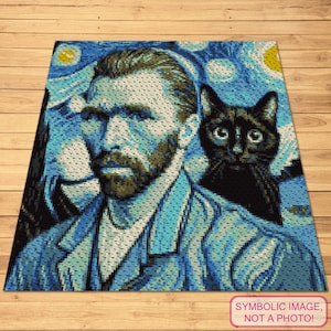 かぎ針編みのヴァン・ゴッホ、かぎ針編みの黒猫ブランケットのパターン、C2Cかぎ針編みのパターン、コーナー・トゥ・コーナーのパターン、かぎ針編みの絵画アート、かぎ針編みのグラフガン