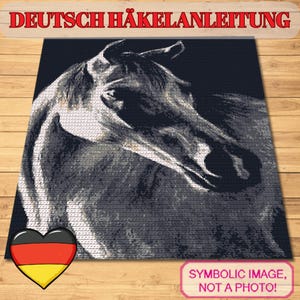 May include: A black and white crochet pattern featuring a horse's head. The text "DEUTSCH HÄKELANLEITUNG" is at the top. A heart with the German flag is in the lower left corner. The text "SYMBOLIC IMAGE, NOT A PHOTO!" is in the lower right corner.