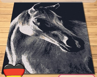 Pfard Häkelanleitung Decke, Deutsch Häkelmuster Decke, Anleitung Häkeln, Modello per coperta con cavallo all'uncinetto, Grafico all'uncinetto, Animale da fattoria all'uncinetto