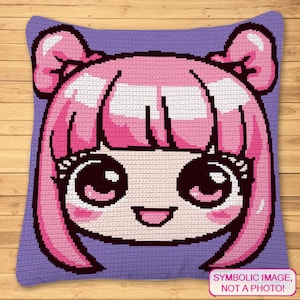 Chibi Crochet Pattern, Anime Crochet Blanket, Tapestry Crochet Pattern, Crochet Pillow Pattern, Crochet Girl Patterns, Cute Cushion Pattern