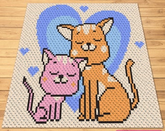 Gehaakt kattenpatroon, C2C Graphgan-patroon met schriftelijke instructies, gehaakt dierenpatroon, C2C gehaakte kattendeken, gehaakte liefde