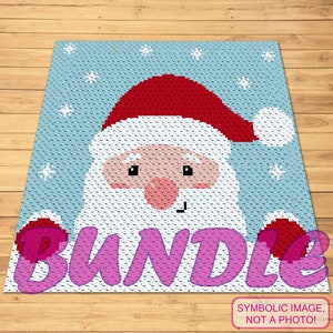 May include: A crochet pattern featuring a cartoon Santa Claus with a red hat, white beard, and pink cheeks. The background is light blue with white snowflakes. The word "BUNDLE" is written in pink letters across the bottom of the image.