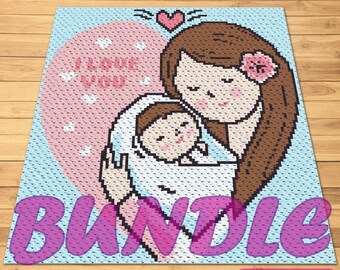 Virkad mamma och bebis - C2C Virkad babyfiltmönster och Virkad kuddemönster. Du får båda med skriftliga instruktioner.