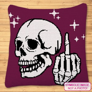May include: A purple crocheted cushion featuring a white skull and a skeleton hand giving the middle finger. The background is decorated with white stars.