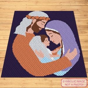 May include: A crocheted image of the Holy Family, with Joseph, Mary, and baby Jesus. Joseph is wearing a brown robe with a tan head covering. Mary is wearing a purple robe with a blue head covering. Baby Jesus is wearing a white robe with a blue sash. The background is a dark purple.