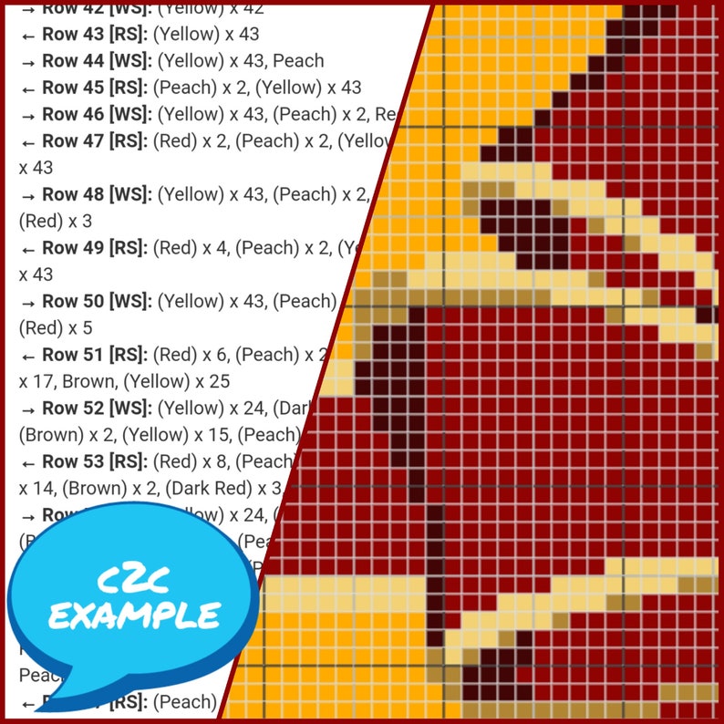 May include: A color chart for a cross stitch pattern. The chart shows the colors and quantities of each color needed for the project. The colors include red, yellow, peach, brown, and dark red. The chart is labeled with the text "c2c EXAMPLE".