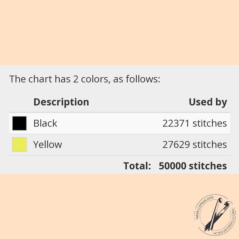 May include: A chart titled The chart has 2 colours, as follows: listing black with 22371 stitches and yellow with 27629 stitches, totalling 50000 stitches. A circular logo in the bottom right corner features two crossed crochet hooks.