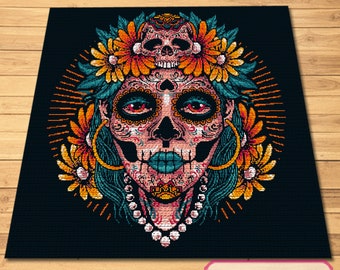 Dia De Los Muertos Crochet Blanket Pattern - Tapestry Crochet Blanket Pattern, Crochet Skeleton, Crochet Skull Pattern, Crochet Graphgan