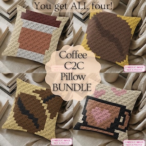Crochet Coffee C2C Pillow Pattern Bundle – 4 Caffeine Corner to Corner Pillow Patterns with Written Instructions, Easy Crochet Project