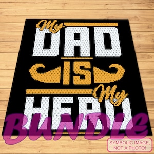 Op de afbeelding: Zwart en gouden haakpatroon met de tekst "My Dad is My Hero" en een gestileerde snor.