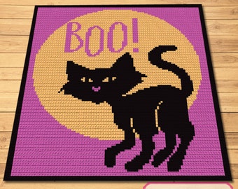 Virkad Halloweenkatt, Halloweenvirkad filt, Virkad dekorativ kudde, Boo-virkmönster, Virkad kattfiltmönster