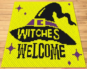 かぎ針編みの魔女の帽子のパターン、C2C かぎ針編みのブランケットのパターン、C2C ハロウィン ブランケット、かぎ針編みのハロウィン デコレーションのパターン、かぎ針編みの魔女のパターン